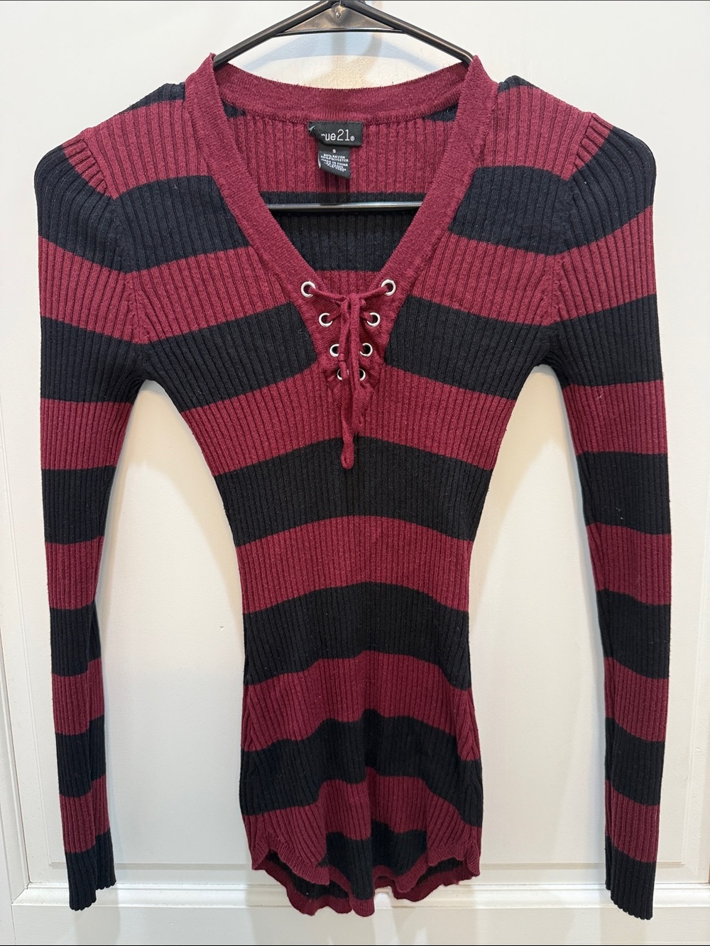 Rue21 Burgundy and Black Striped Lace-Up Ribbed Long Sleeve Top